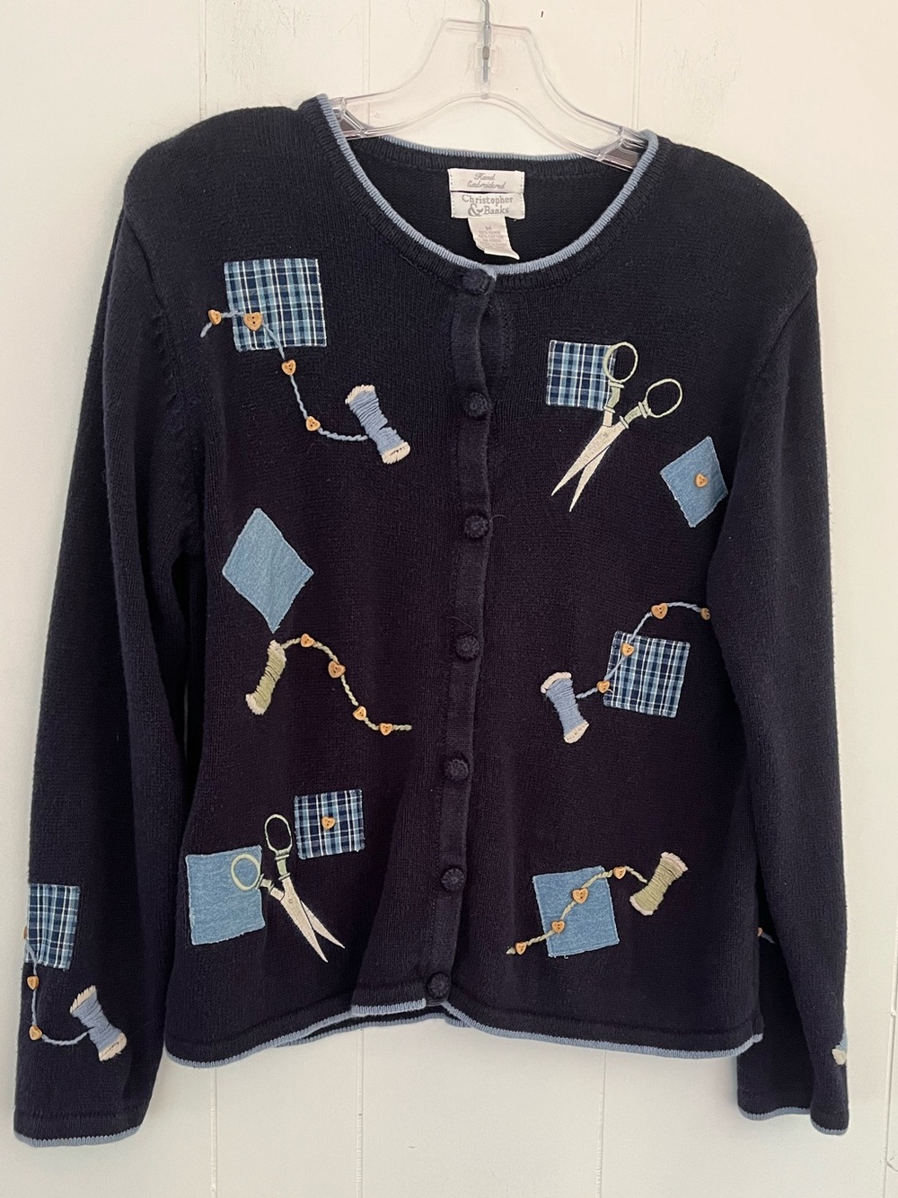 Vintage Christopher & Banks Hand Embroidered Sewing Cardigan Sweater Sz Medium